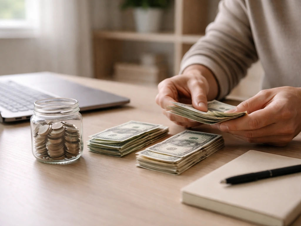 Hands organizing cash and coins on a desk by a laptop, suggesting a net-worth breakdown.