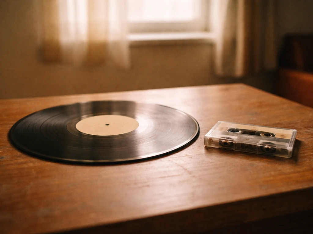 Retro vinyl and cassette tapes on a wooden table, lit by natural window light.