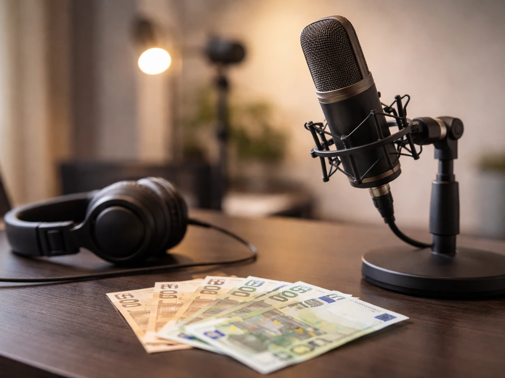 Luxury desk with a professional microphone and scattered euro notes, symbolizing a media figure’s net worth analysis.