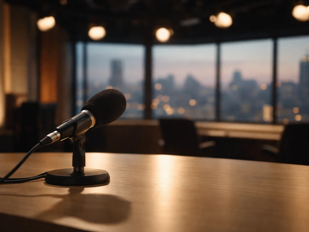 Anonymous TV studio scene with a microphone on a desk, evoking a Bosnian actor and TV personality vibe.