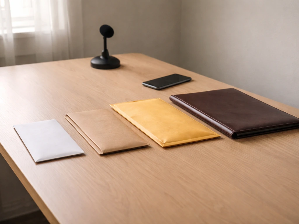 Minimal desk scene with envelopes, a portfolio, and a smartphone suggesting differing net-worth estimates.