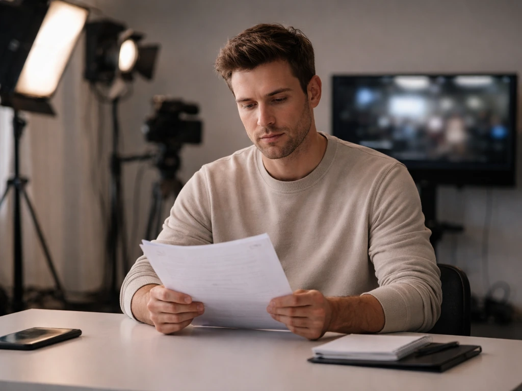 Actor in a quiet studio holding a script, with a softly lit TV monitor blurred in the background