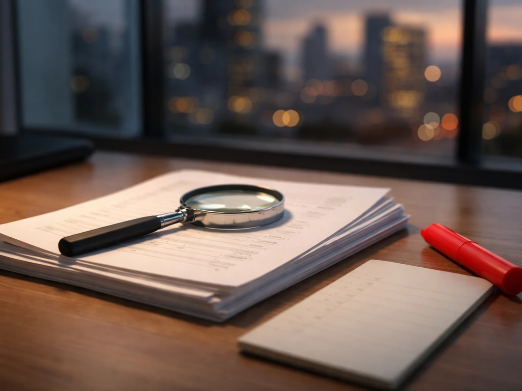 An office desk with a magnifying glass over financial papers, suggesting fact-checking red flags.