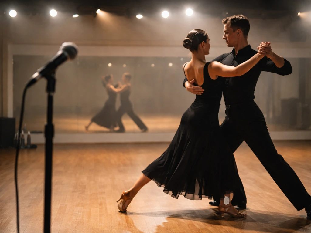 Anonymous dancers rehearsing in a bright studio with a microphone nearby, suggesting pro performance income.