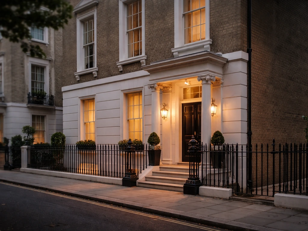 Exterior of a prestigious London townhouse on a quiet street, suggesting UK property wealth.