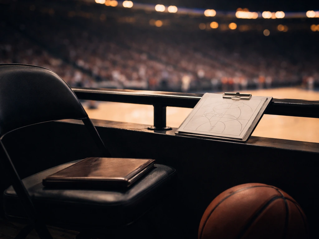Basketball arena sideline with a clipboard and chair, symbolic of NBA coaching and financial verification.