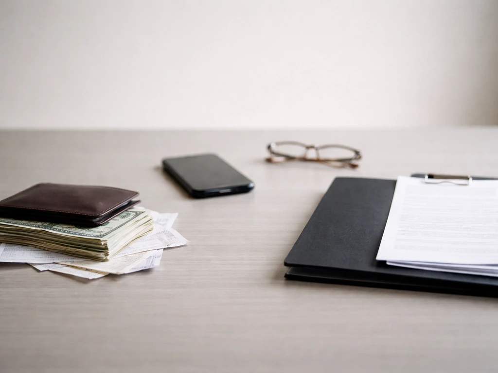 Minimal office desk with two contrasting piles of bills/receipts and expense papers symbolizing differing net worth esti