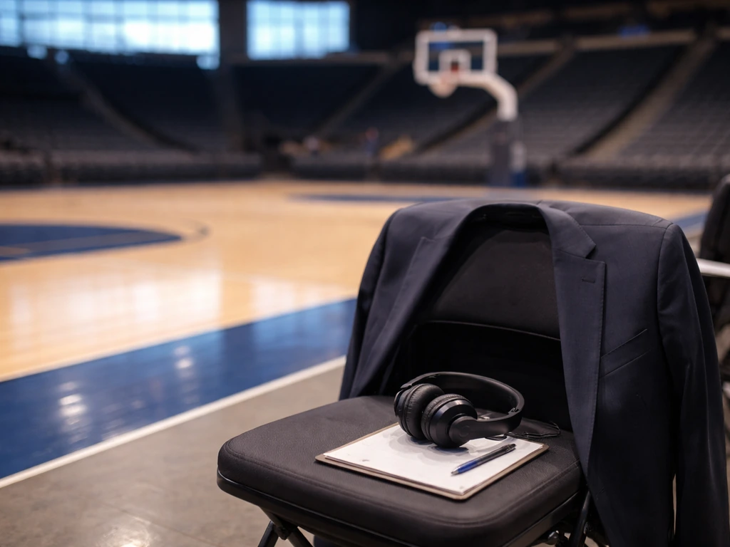 Courtside view of a basketball arena with a suit jacket and headset, symbolizing coaching salary and media work.