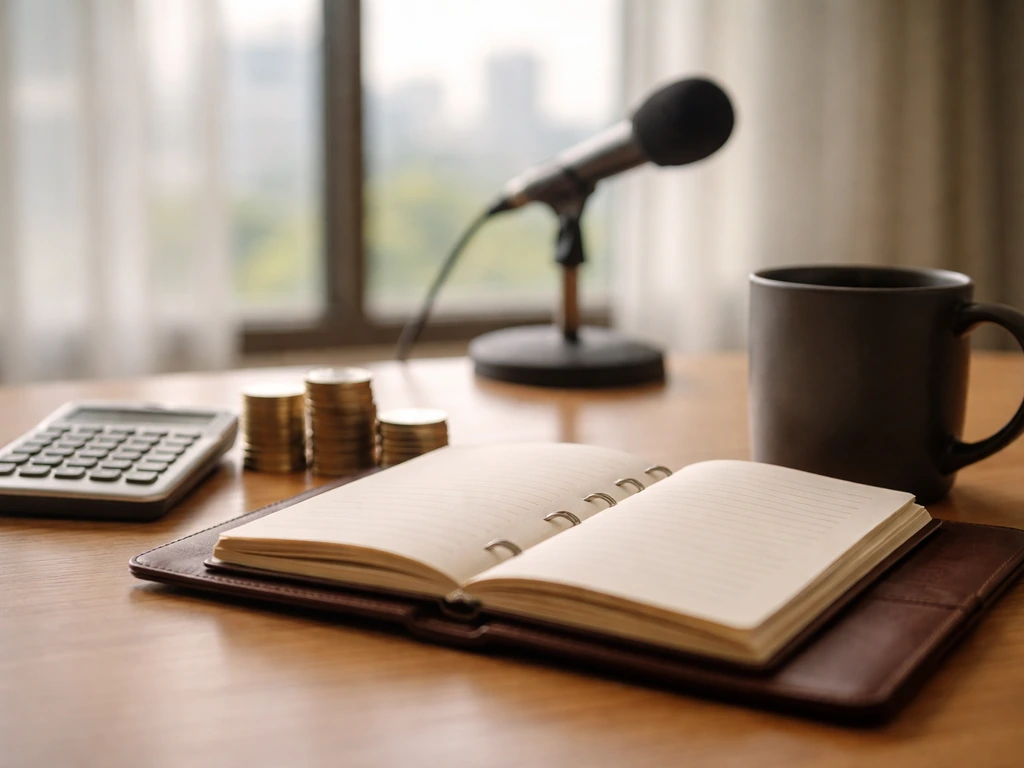 Minimal desk scene with coins, calculator, planner, and a microphone symbolizing coaching earnings over time