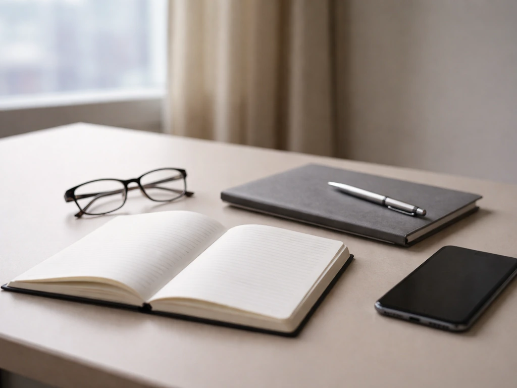 Minimal desk scene with papers and a smartphone showing financial research notes without readable text.