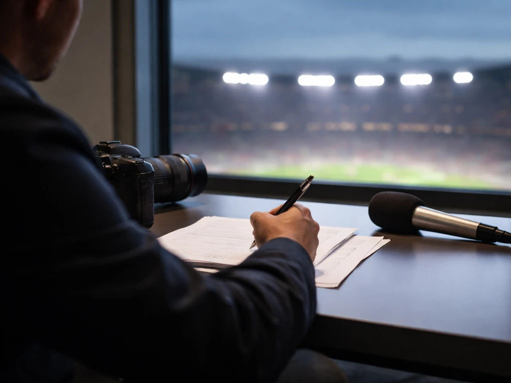 Anonymous sports analyst desk with microphone and blank papers, stadium lights glowing outside.