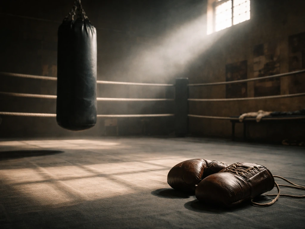 Boxing training scene with a punching bag and gloves in a dim gym, dramatic light, no identifiable person.