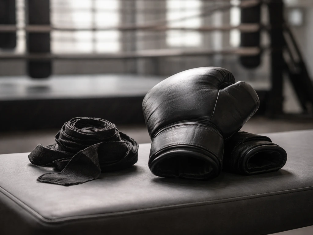 A boxing glove and hand wraps on a gym bench with a softly blurred training background.