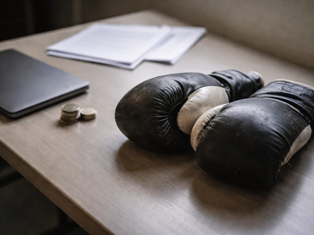 Boxer training gloves beside a laptop, with a small stack of coins and papers suggesting public data sources