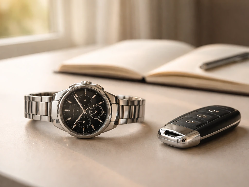 Close-up of a luxury wristwatch beside car keys and a glossy notebook on a desk near a window.