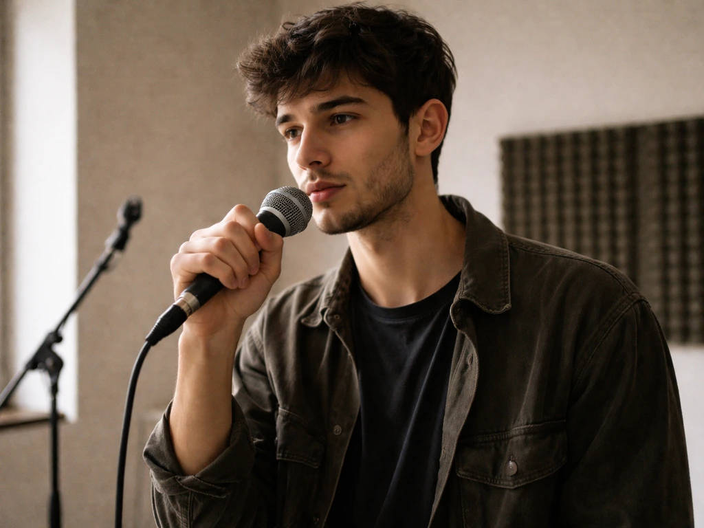 Young Serbian singer in casual stage-ready outfit holding a microphone in a quiet studio setting.