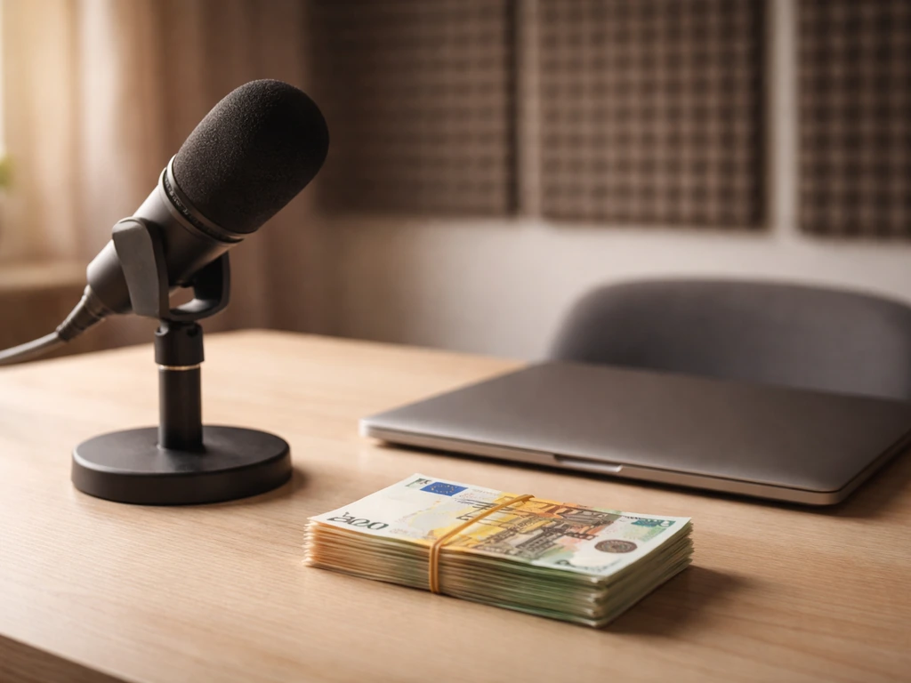 Minimal photo of a studio desk with microphone and a stack of euros, symbolizing Balkan entertainment wealth comparison.