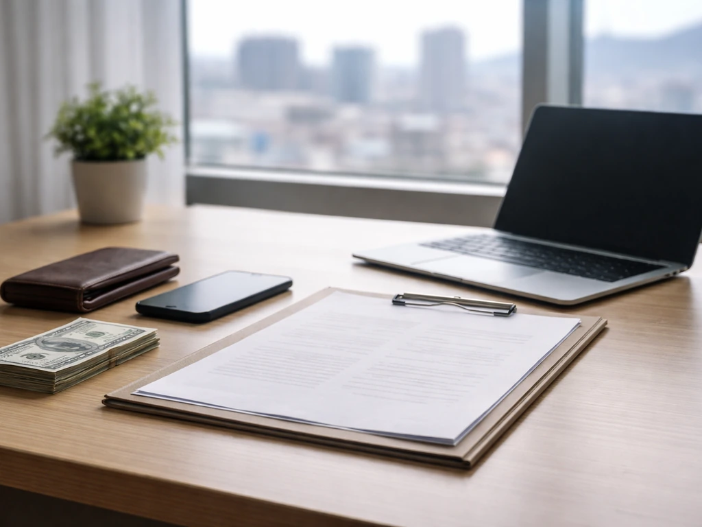 Minimal office desk scene with a smartphone, cash, and documents symbolizing business net worth estimation