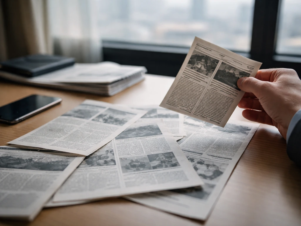 Minimal photo of a cluttered desk with printouts of news articles and a phone, symbolizing messy search results.