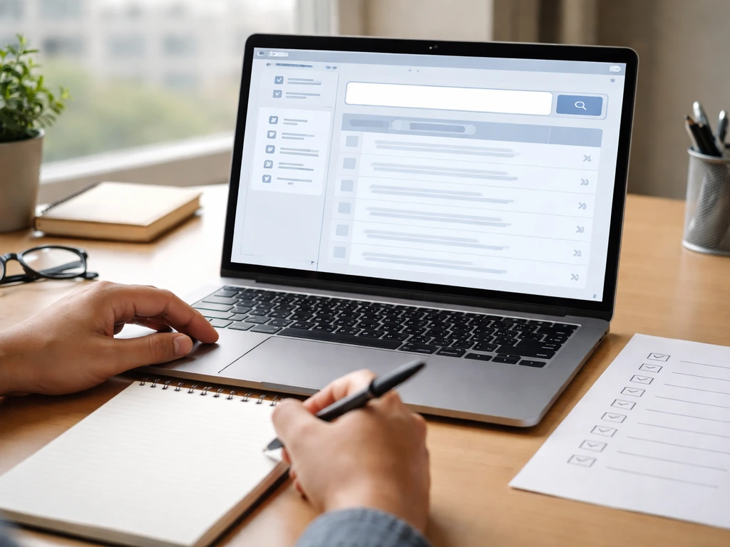 Person using laptop to research business registry, with paper checklist and pen on desk