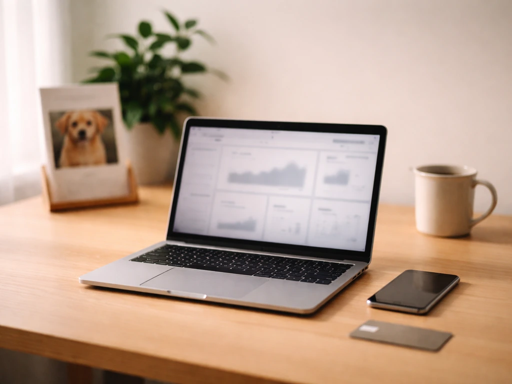 Minimal desk scene with a laptop showing blurred analytics-style panels and a bank-card near a notebook.