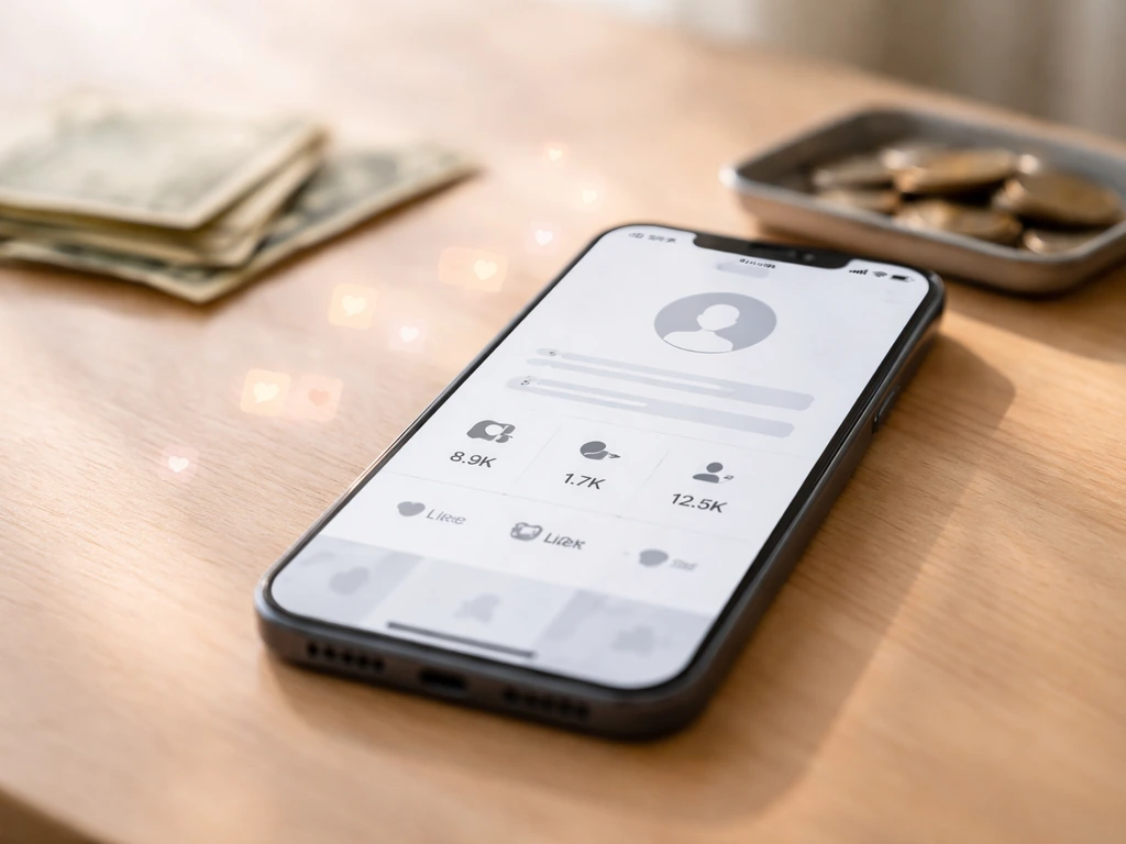 Close-up of a smartphone showing social media engagement metrics style screen, with a money-themed background