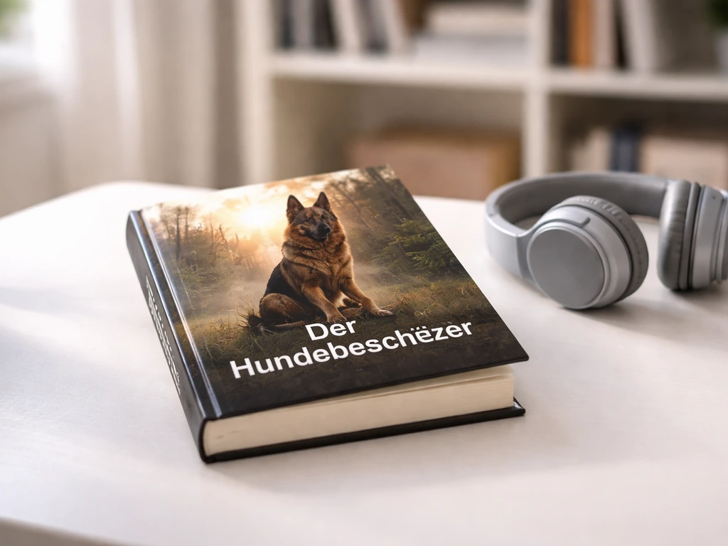 A book titled “Der Hundebeschützer” on a desk with headphones, under natural light.