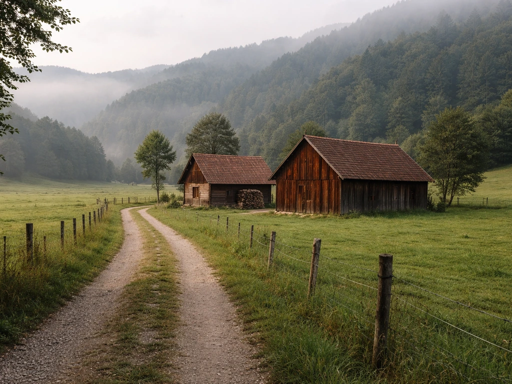 Rural ranch near Rika (Jajce) with farmhouse, barn, and green pasture in natural light.