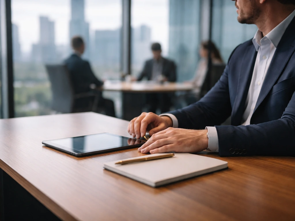 Corporate executive desk scene with a blurred boardroom background suggesting leadership and global business.