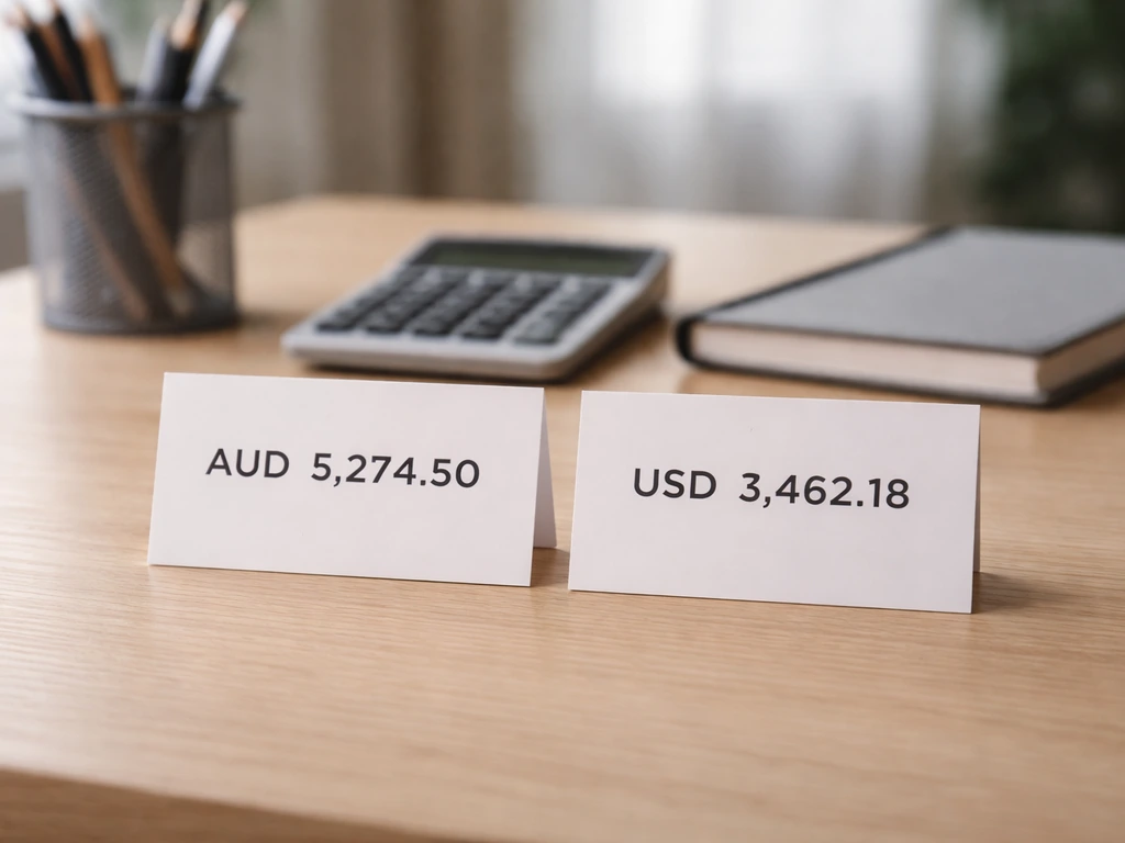 Minimal desk scene with two currency cards showing different AUD-to-USD style amounts, symbolic of net worth estimate di