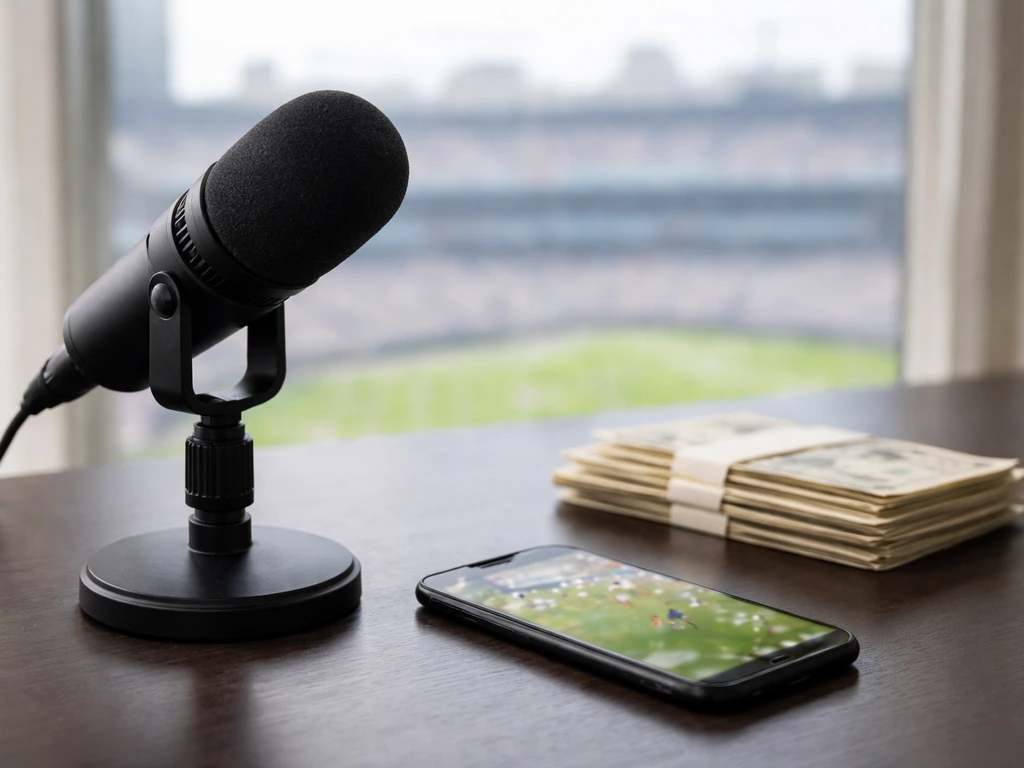 Close-up of a desk microphone beside a phone with a blurred football scene and subtle cash envelopes.