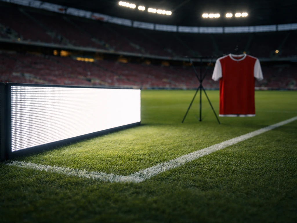 A football stadium corner at dusk with a blurred kit ad backdrop, suggesting a player endorsement era