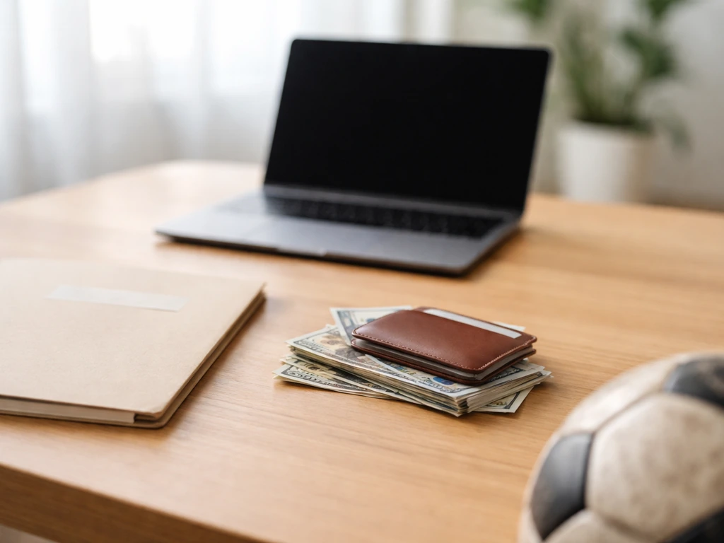 Minimal photo of a football-themed folder and cash cards on a desk beside a laptop, symbolizing career wealth growth