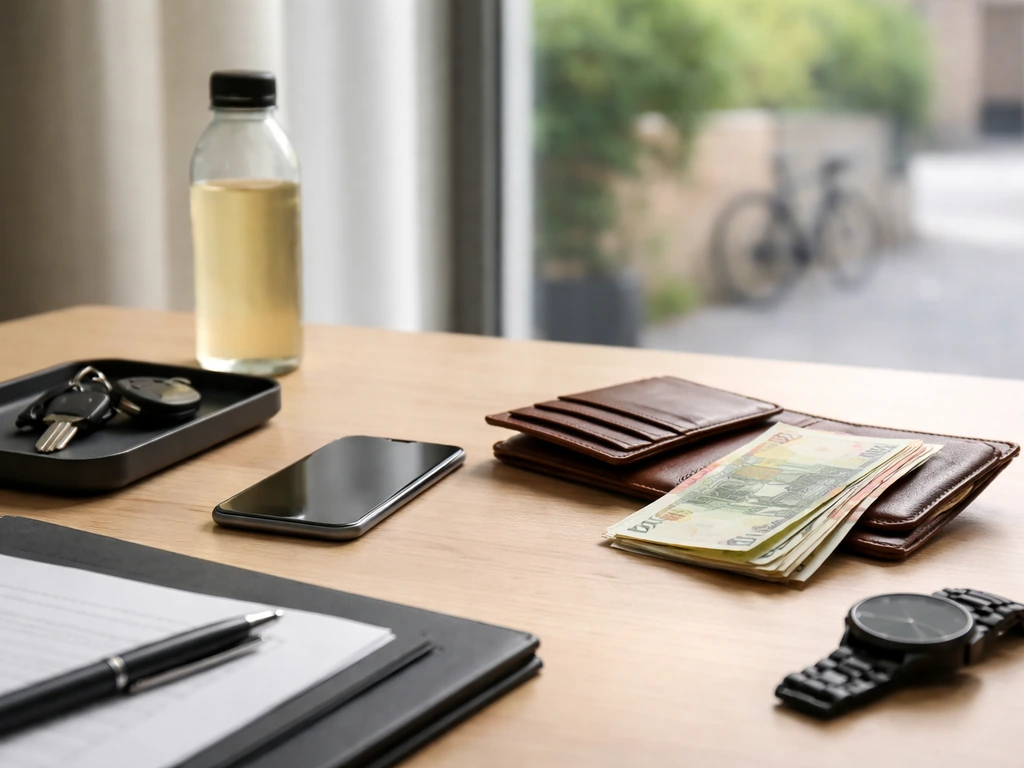 Pro cyclist themed desk scene with money-like objects suggesting net worth vs cashflow, no people