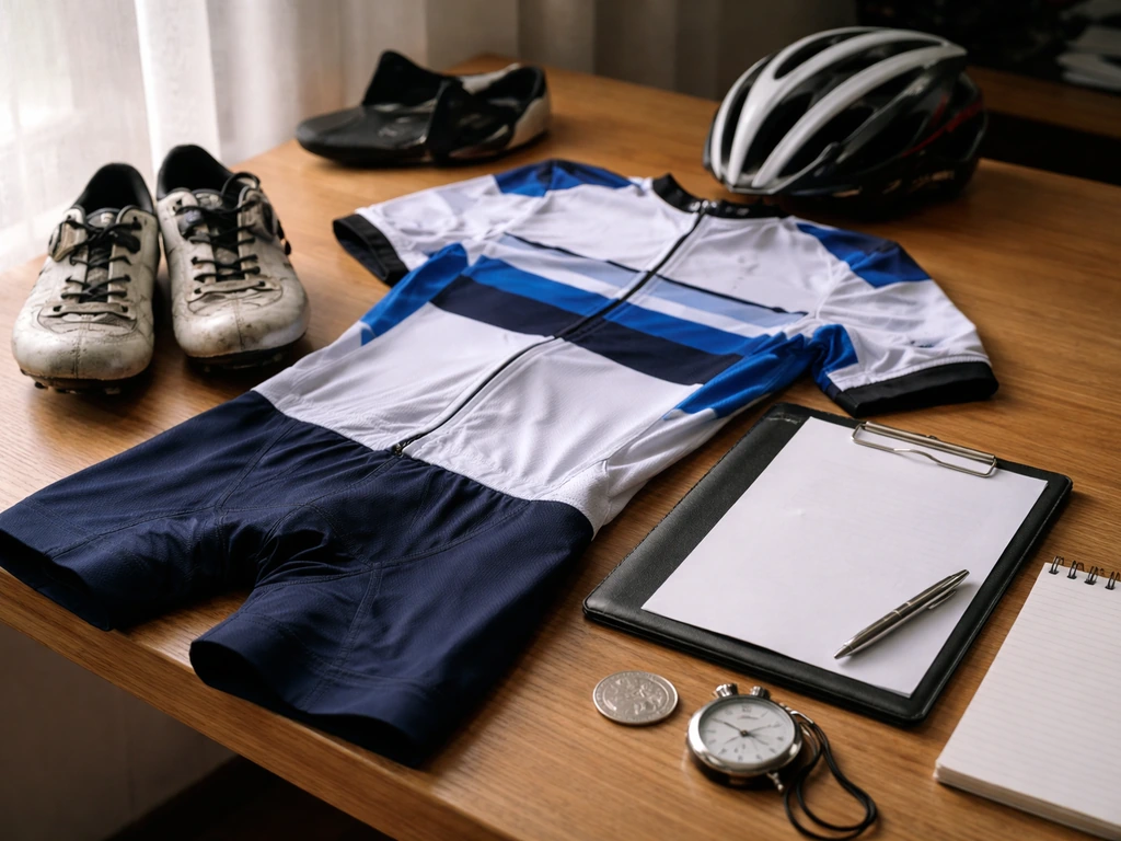 Cycling team kit and contract-themed desk items in natural light, symbolizing team salary and race bonuses.