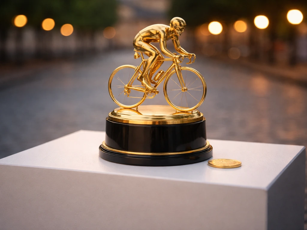 Tour de France style trophy on a podium with a single visible gold coin, prize-money focus