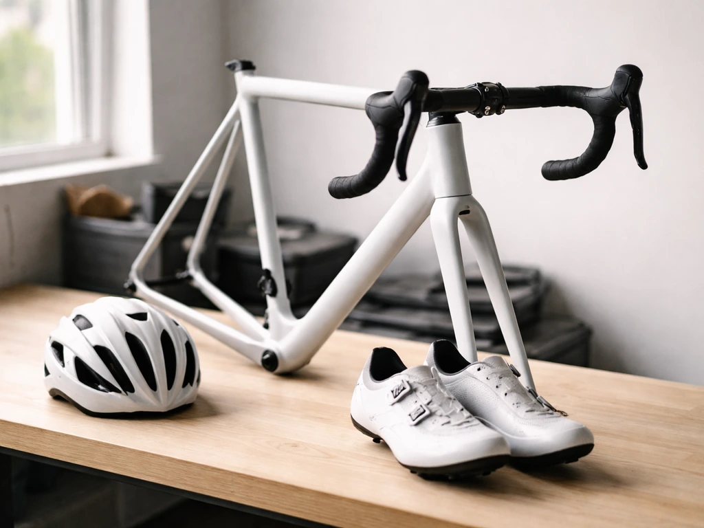 Road cycling gear montage: bicycle frame, helmet, and cycling shoes on a simple table, no logos.