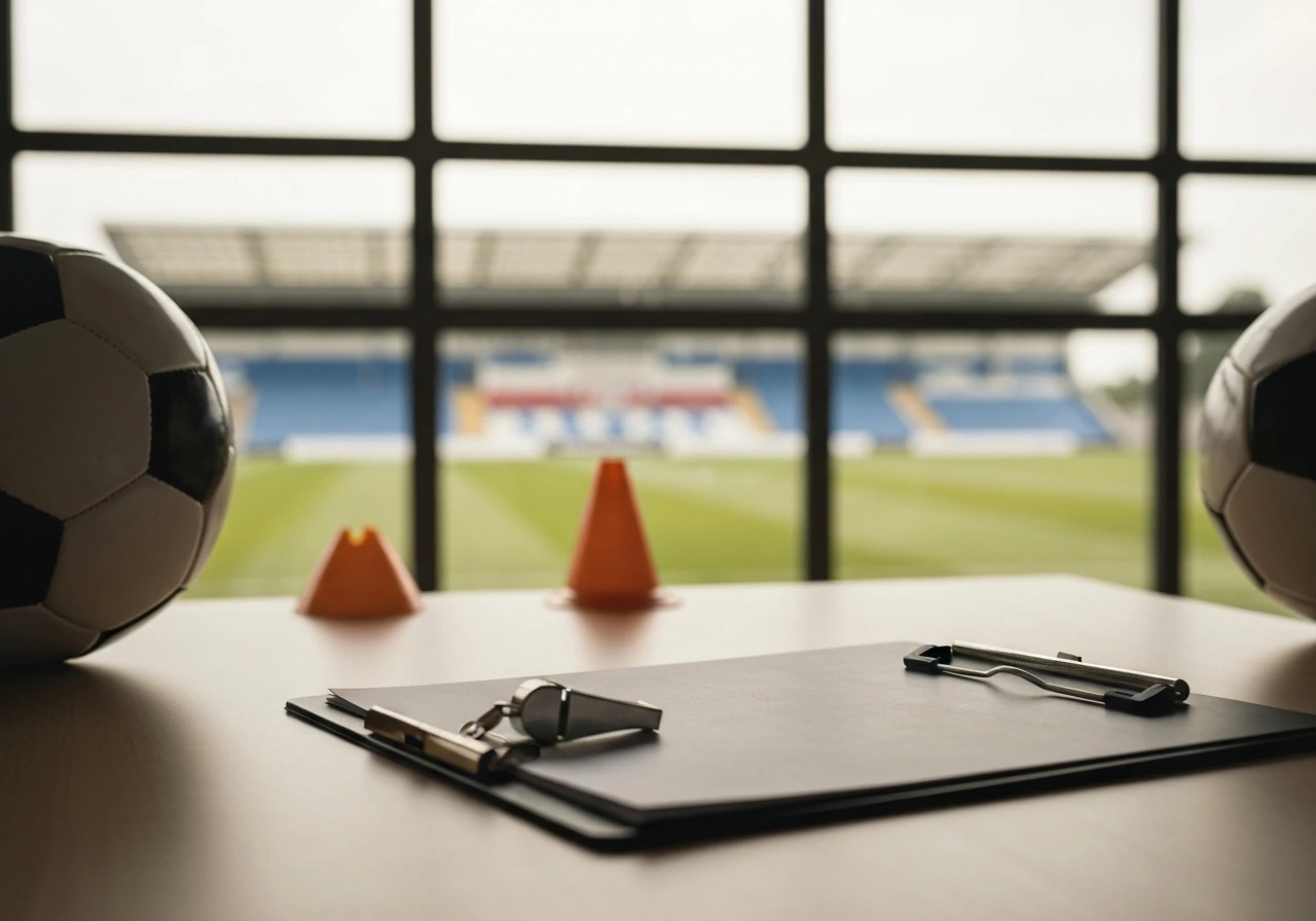 Football manager coaching vibe in a minimal office setting with a blurred stadium view through a window