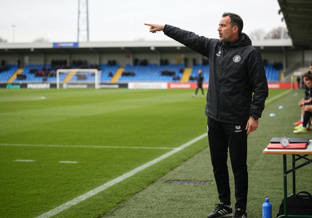 Football touchline scene with a coach in training gear gesturing during a match, symbolic of coaching income