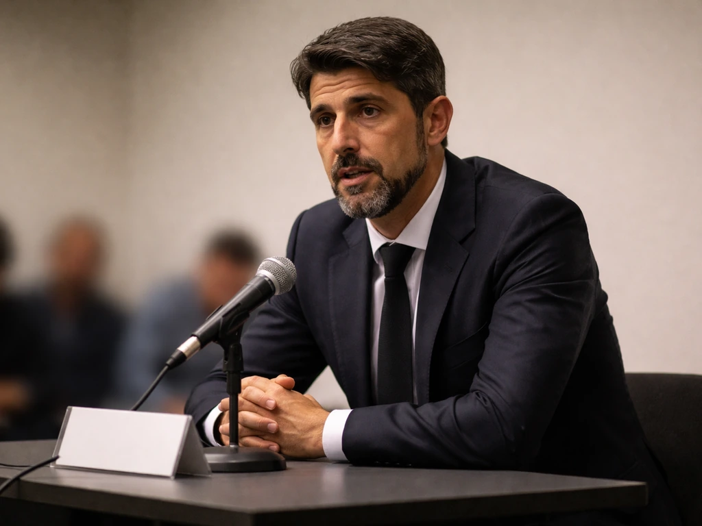 Football manager Veljko Paunović seated at a press media session with a microphone in a quiet room.