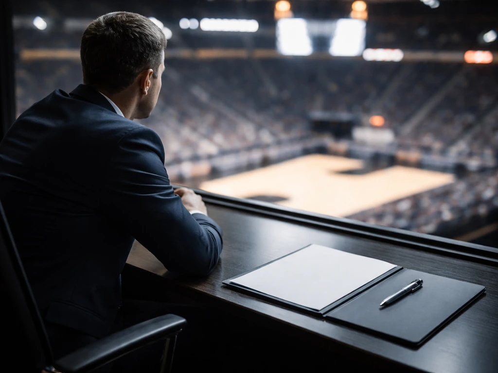 Coach in a team arena office desk scene with a blank contract folder and pen, no readable text.