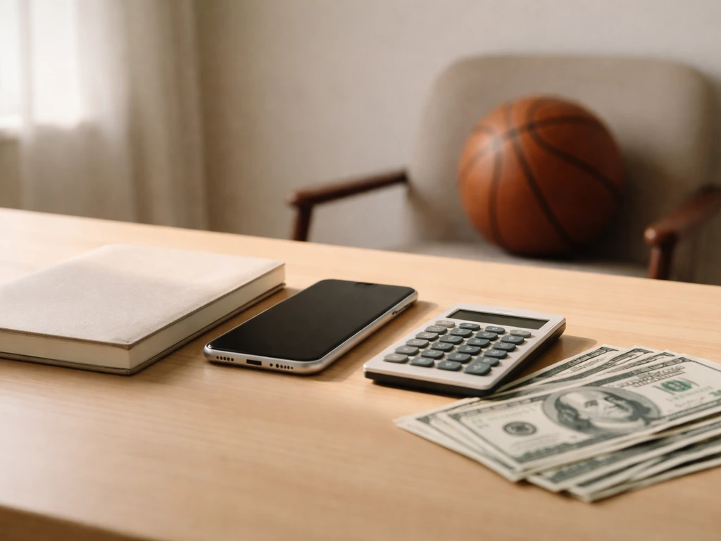 Minimal desk scene with calculator, smartphone, and scattered cash to symbolize net worth calculation