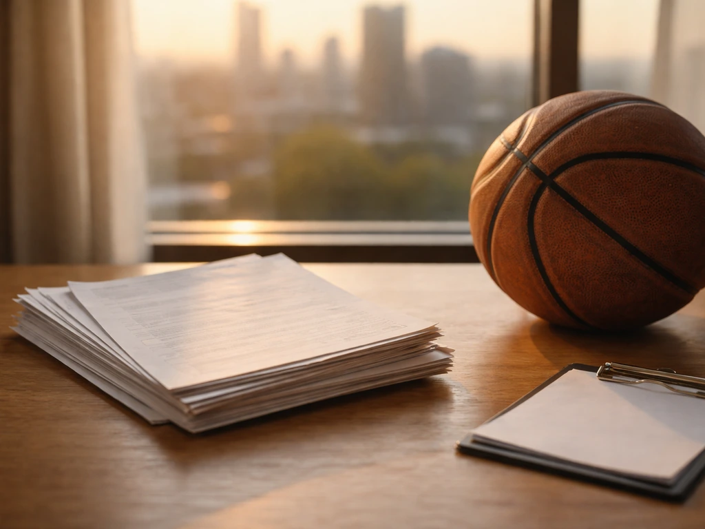 Table with stacked contract-like papers, a basketball, and a muted city skyline—symbolizing career milestones.