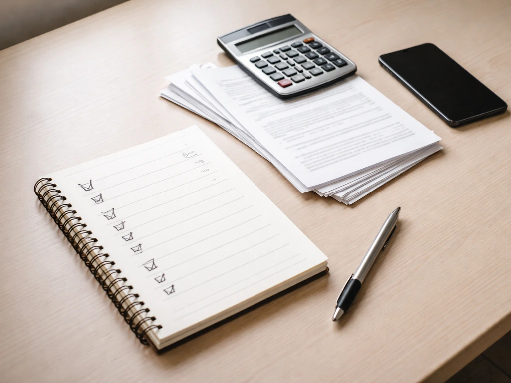 Minimal desk scene with paperwork, a calculator, and a checklist notebook showing steps to verify a claim