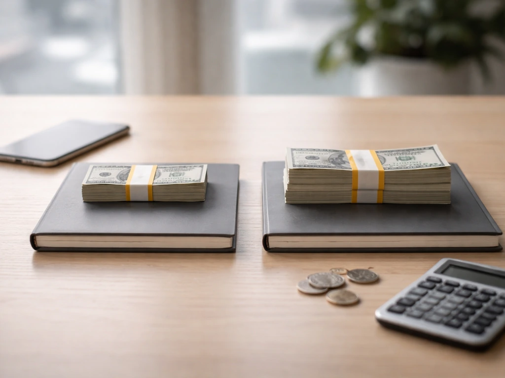 Minimal desk scene with two cash stacks and a phone/calculator suggesting different net worth estimates.