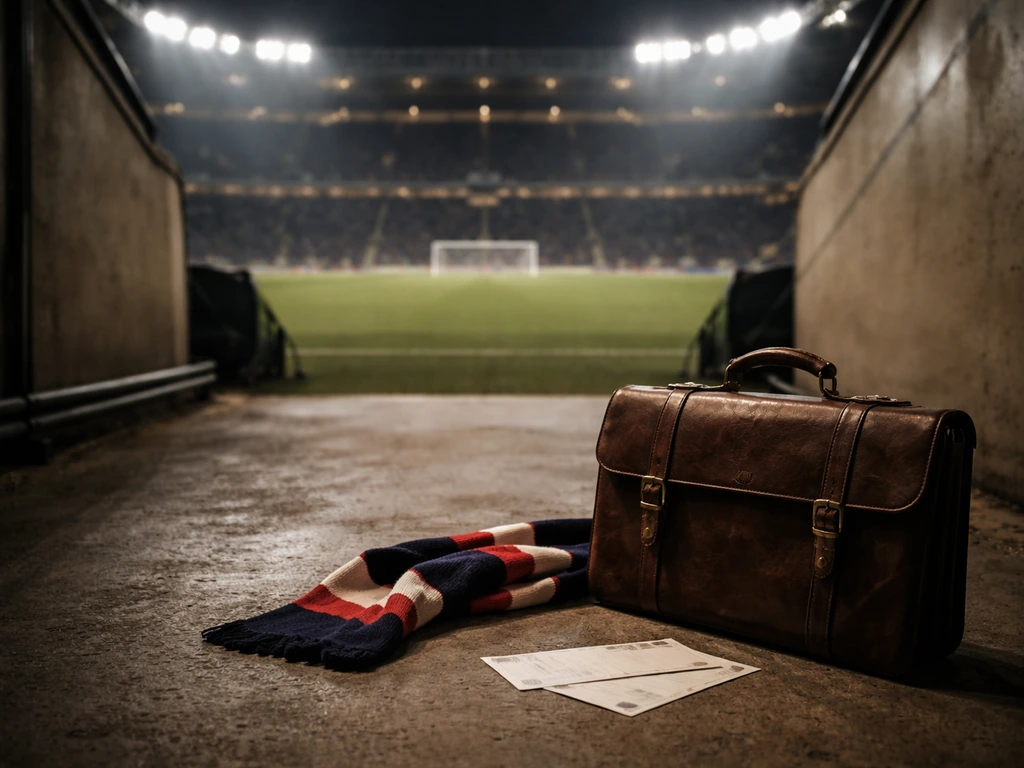 Empty football stadium under lights with scattered match tickets and a leather briefcase on concrete