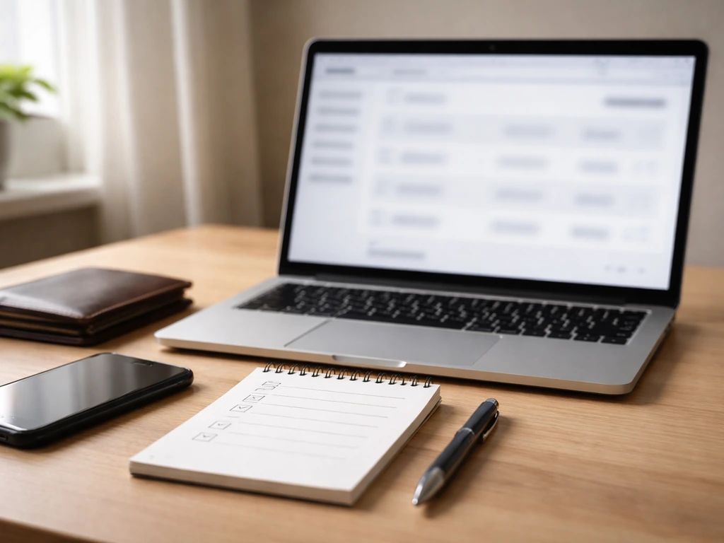 Minimal office desk with a laptop open to transfer-history style browsing and a notebook for cross-checking