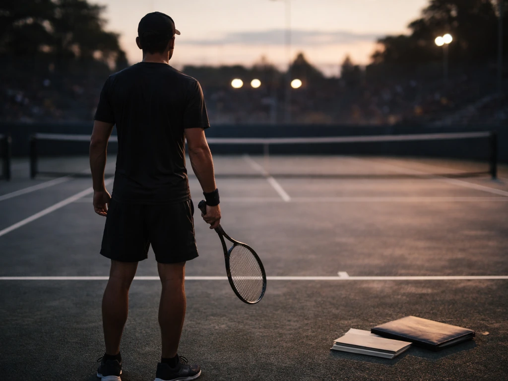 Tennis player silhouette on an empty court at dusk with a blurred stadium backdrop, symbolizing earnings.
