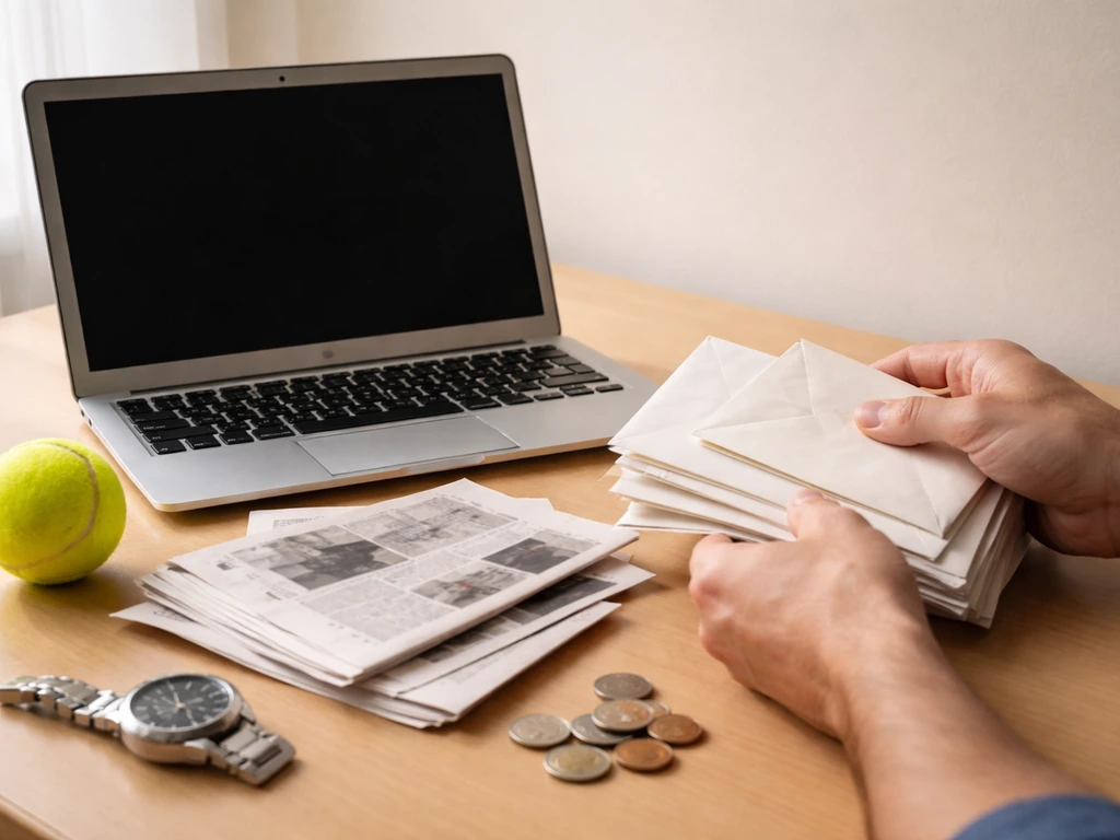 Hands sorting tennis-related prize envelopes and news clippings beside a laptop, symbolizing net worth estimate sources.