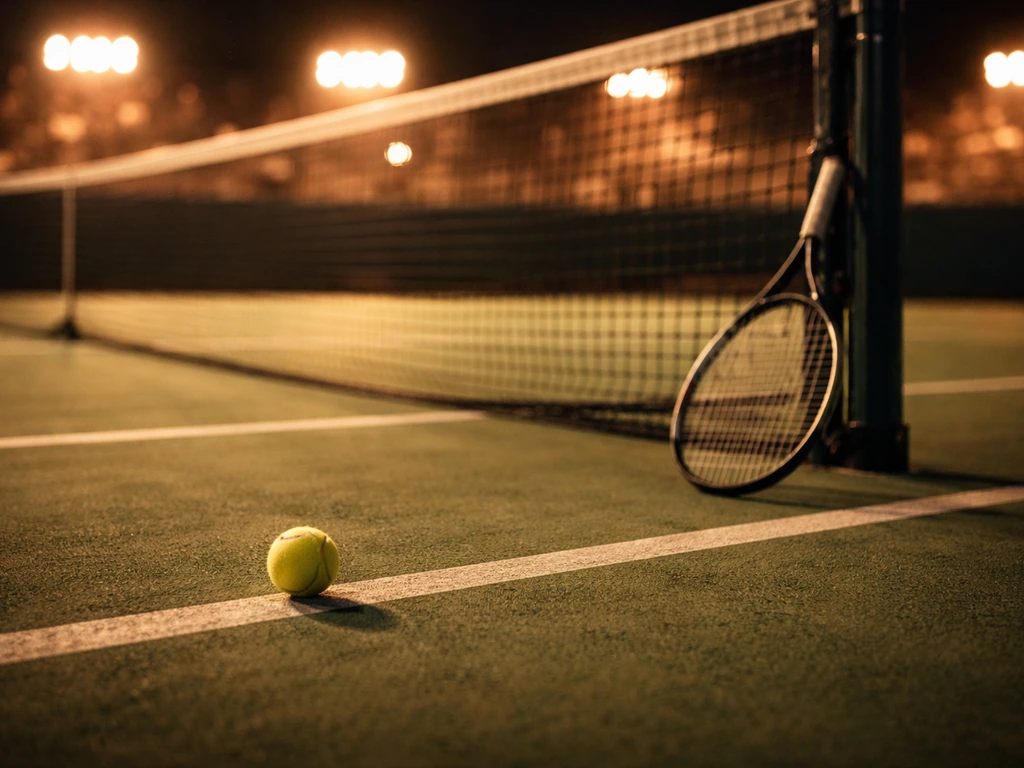 Close view of a tennis court during a night match, money-themed lighting symbolizing earnings peak seasons.